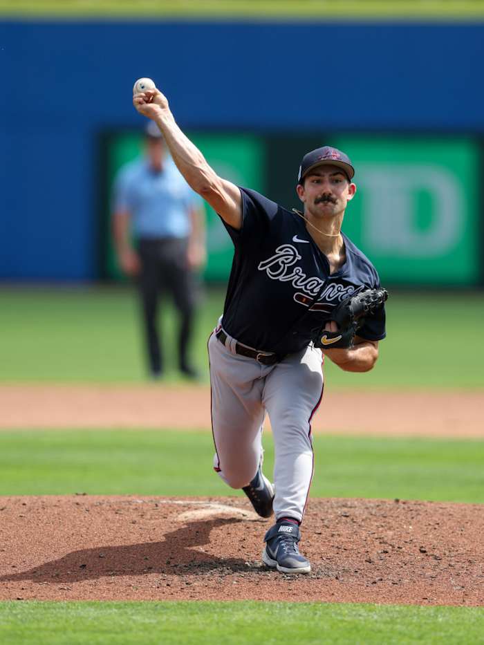 Mar 9, 2023; Dunedin, Florida, USA; Atlanta Braves pitcher Spencer Strider (99) throws a pitch against the Toronto Blue Jays in the third inning at Amalie Arena. Mandatory Credit: Nathan Ray Seebeck-USA TODAY Sports